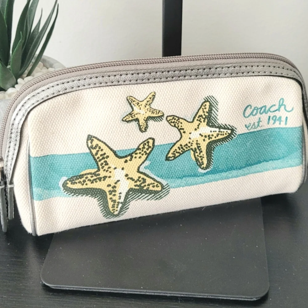 Coach Beige Canvas Cosmetic Pouch with Teal Stripe & Yellow Starfish